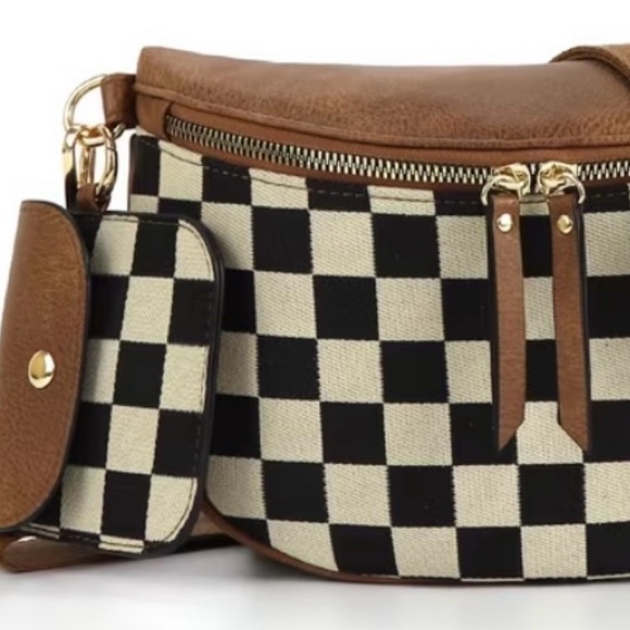 Checkered Black & Cream with Brown Accents Women's Crossbody or Waist Bag NWT - Picture 5 of 5